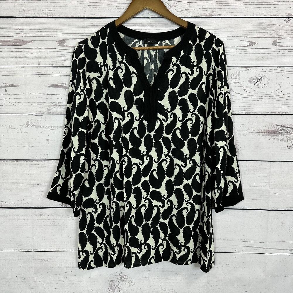 Talbots Shirt Womens Large‎ Black Flowy Tunic Drapey Rayon Paisley